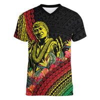 Retro Hawaiian Singer Women V-Neck T-Shirt Polynesian Style Tropical Flowers LT05 Female Black - Polynesian Pride