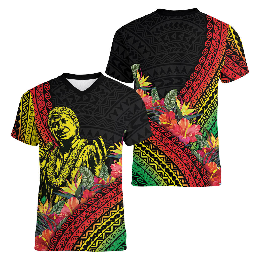 Retro Hawaiian Singer Women V-Neck T-Shirt Polynesian Style Tropical Flowers LT05 - Polynesian Pride