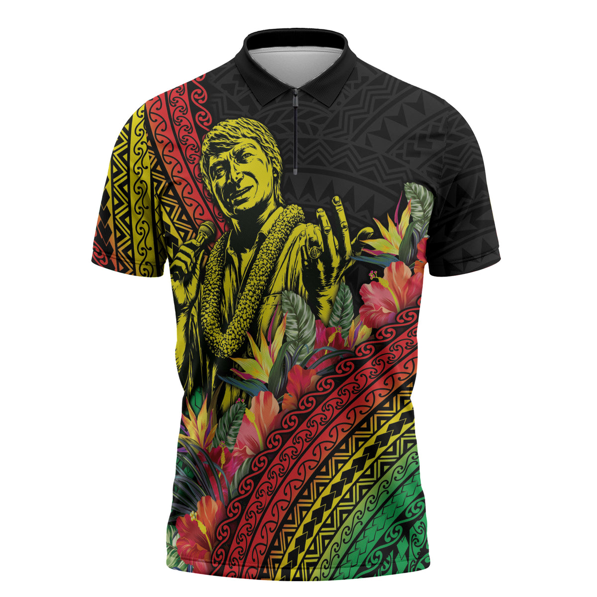Retro Hawaiian Singer Zipper Polo Shirt Polynesian Style Tropical Flowers LT05 Black - Polynesian Pride