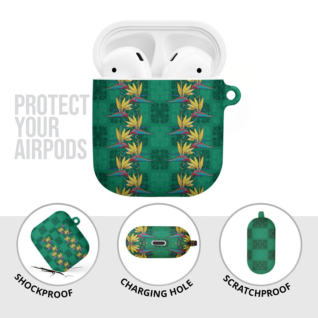 Hawaii Waikiki King AirPods Case Green Quilt With Pua Manu LT05 - Polynesian Pride