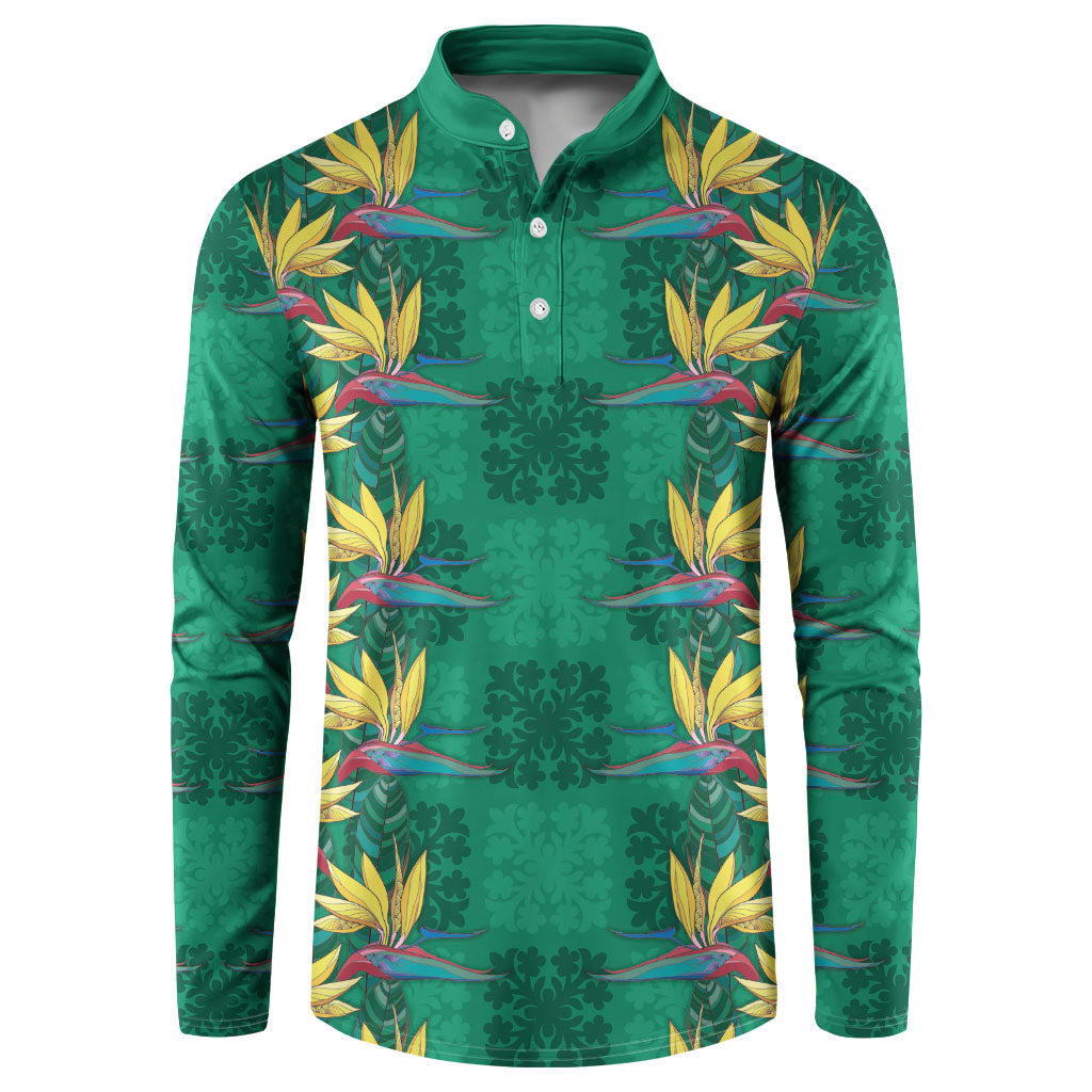 Hawaii Waikiki King Button Sweatshirt Green Quilt With Pua Manu LT05 Green - Polynesian Pride