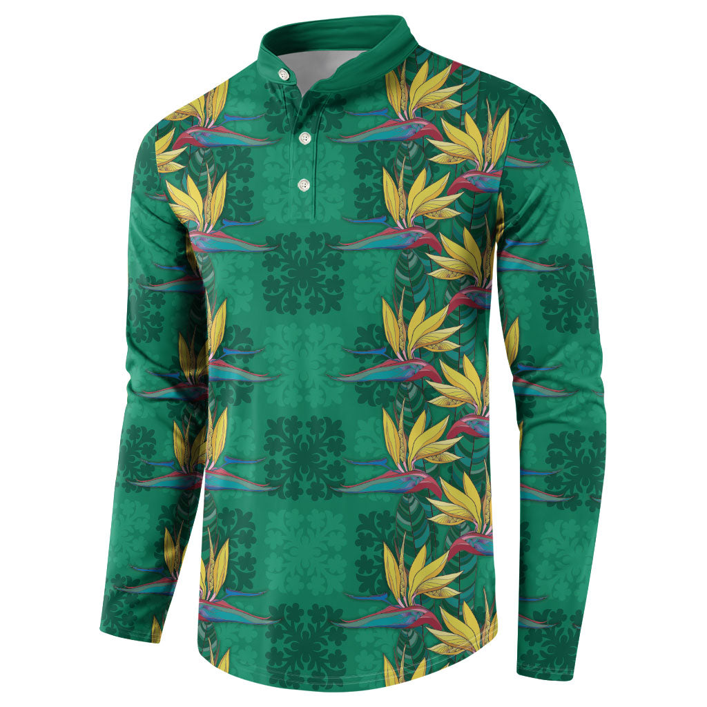 Hawaii Waikiki King Button Sweatshirt Green Quilt With Pua Manu LT05 - Polynesian Pride
