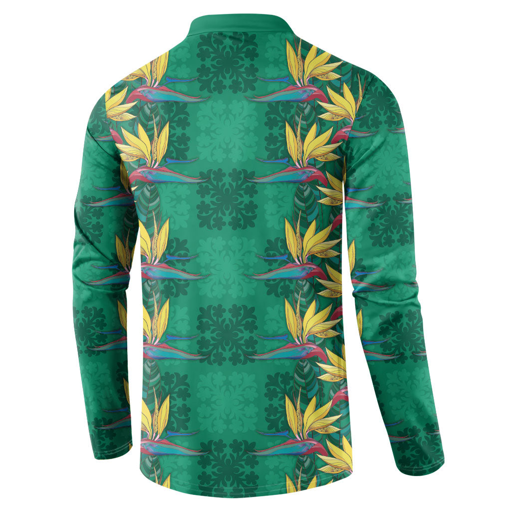 Hawaii Waikiki King Button Sweatshirt Green Quilt With Pua Manu LT05 - Polynesian Pride