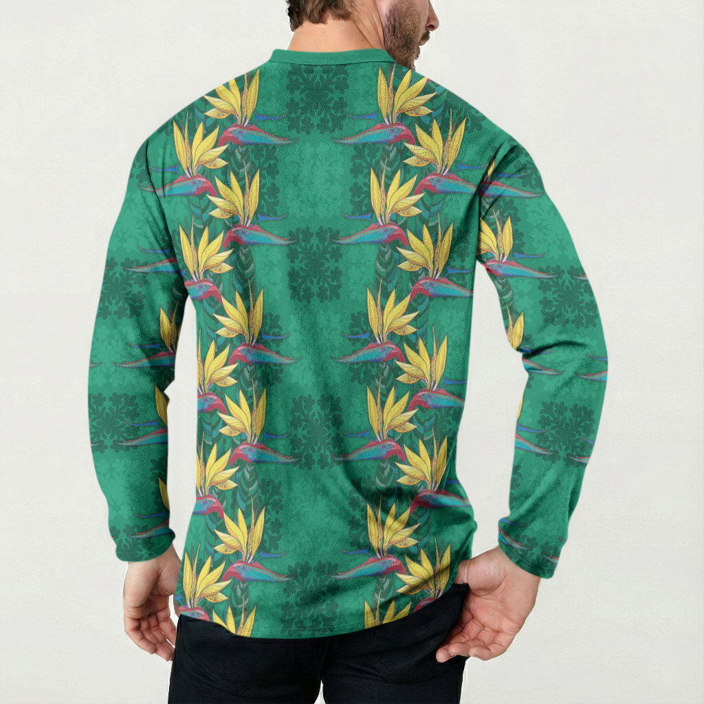 Hawaii Waikiki King Button Sweatshirt Green Quilt With Pua Manu LT05 - Polynesian Pride