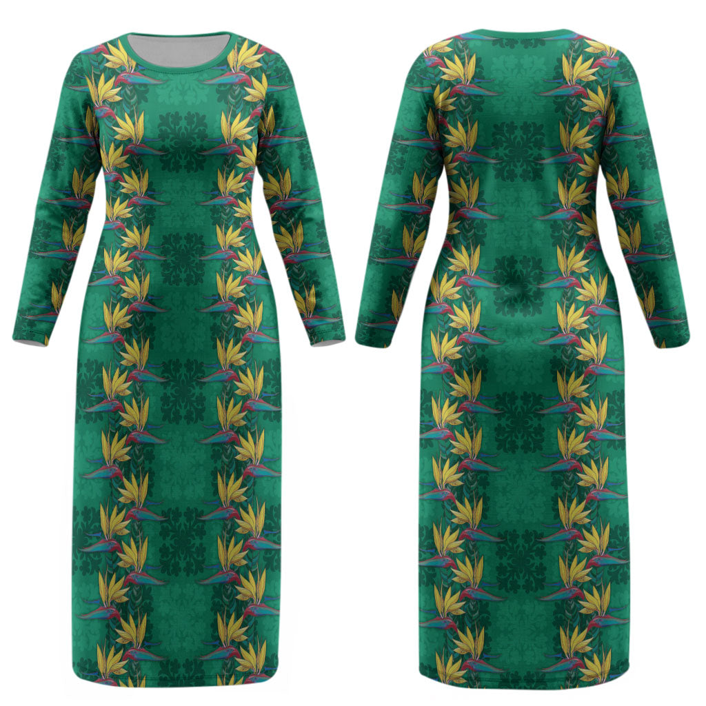 Hawaii Waikiki King Couples Matching Long Sleeve Bodycon Dress and Long Sleeve Button Shirt Green Quilt With Pua Manu LT05 - Polynesian Pride