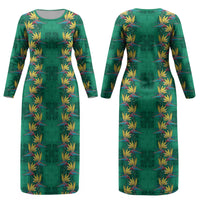 Hawaii Waikiki King Couples Matching Long Sleeve Bodycon Dress and Long Sleeve Button Shirt Green Quilt With Pua Manu LT05 - Polynesian Pride
