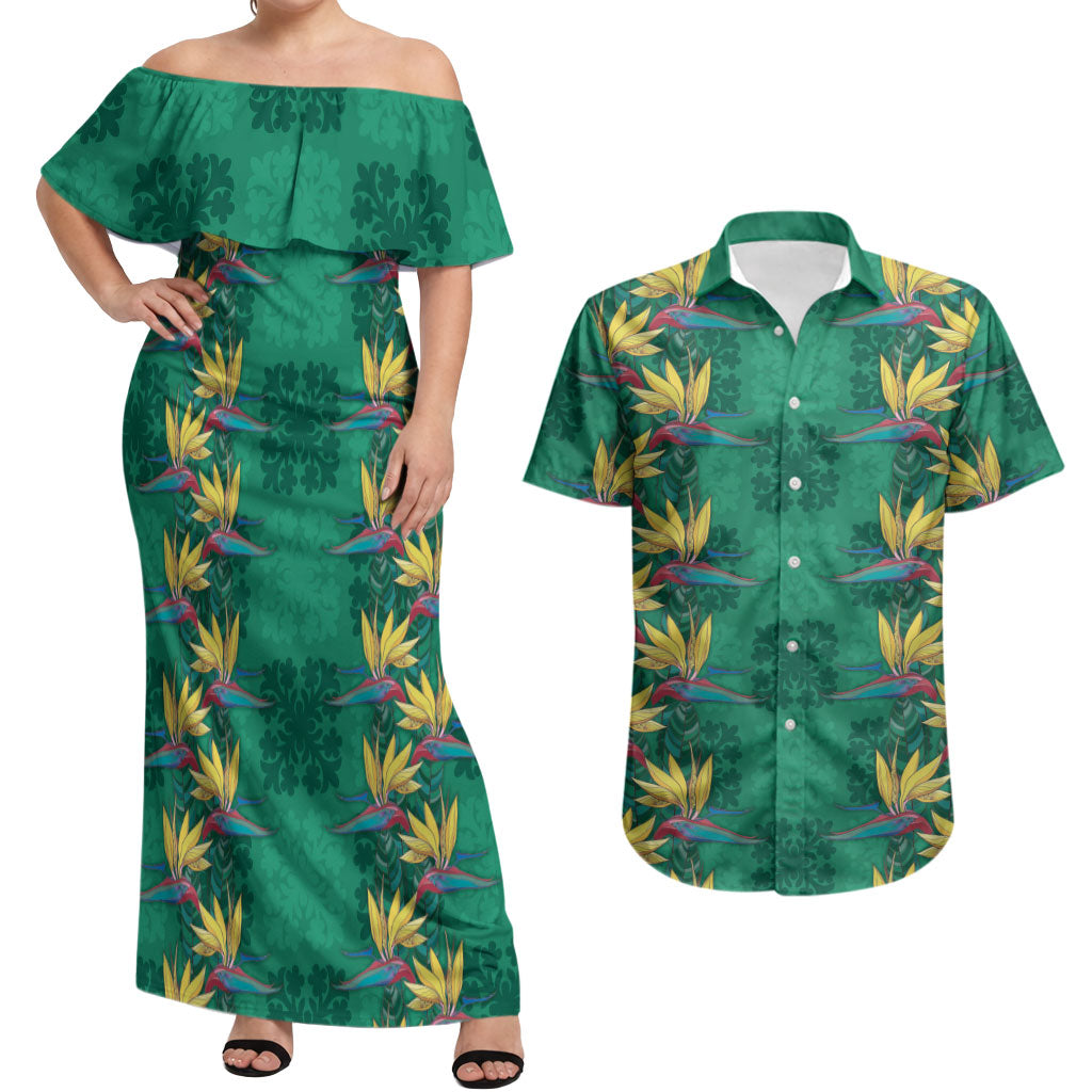Hawaii Waikiki King Couples Matching Off Shoulder Maxi Dress and Hawaiian Shirt Green Quilt With Pua Manu LT05 Green - Polynesian Pride