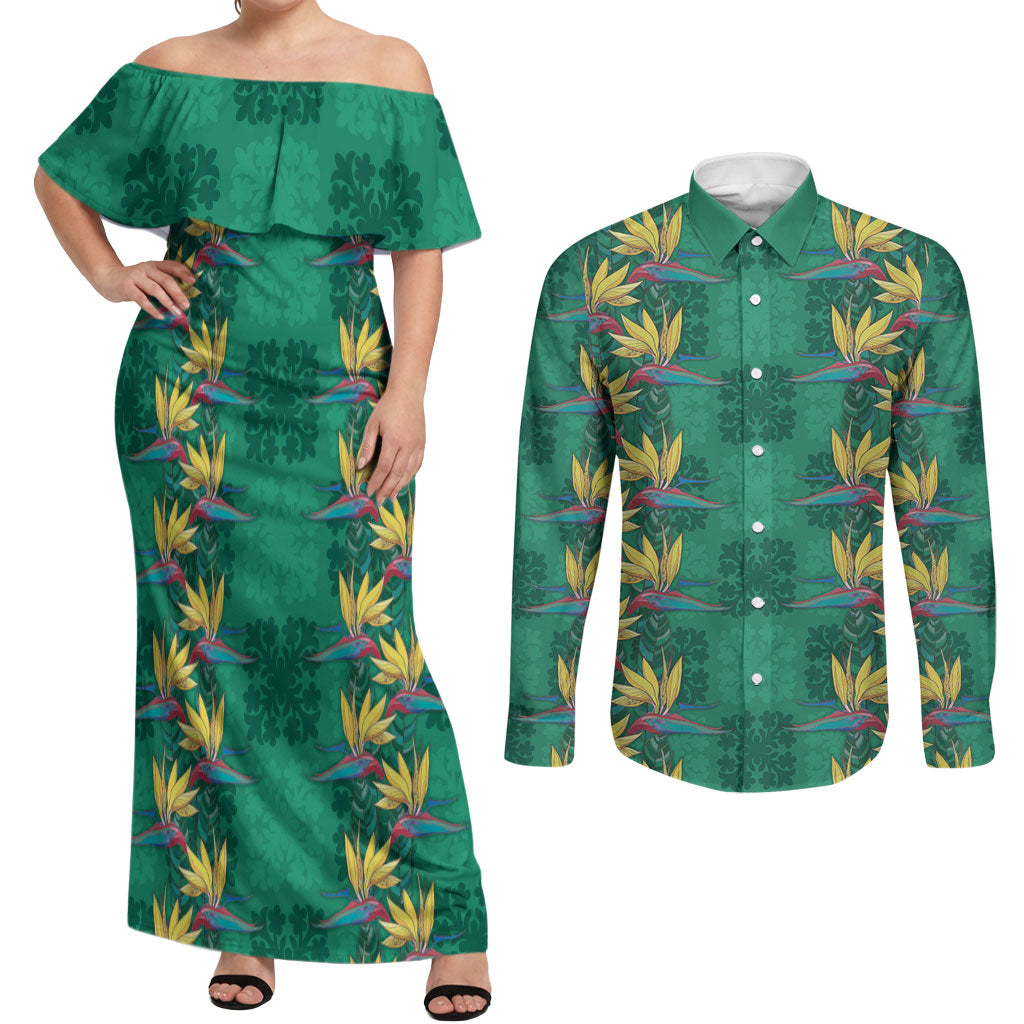 Hawaii Waikiki King Couples Matching Off Shoulder Maxi Dress and Long Sleeve Button Shirt Green Quilt With Pua Manu LT05 Green - Polynesian Pride