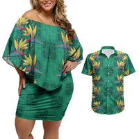 Hawaii Waikiki King Couples Matching Off Shoulder Short Dress and Hawaiian Shirt Green Quilt With Pua Manu LT05 Green - Polynesian Pride