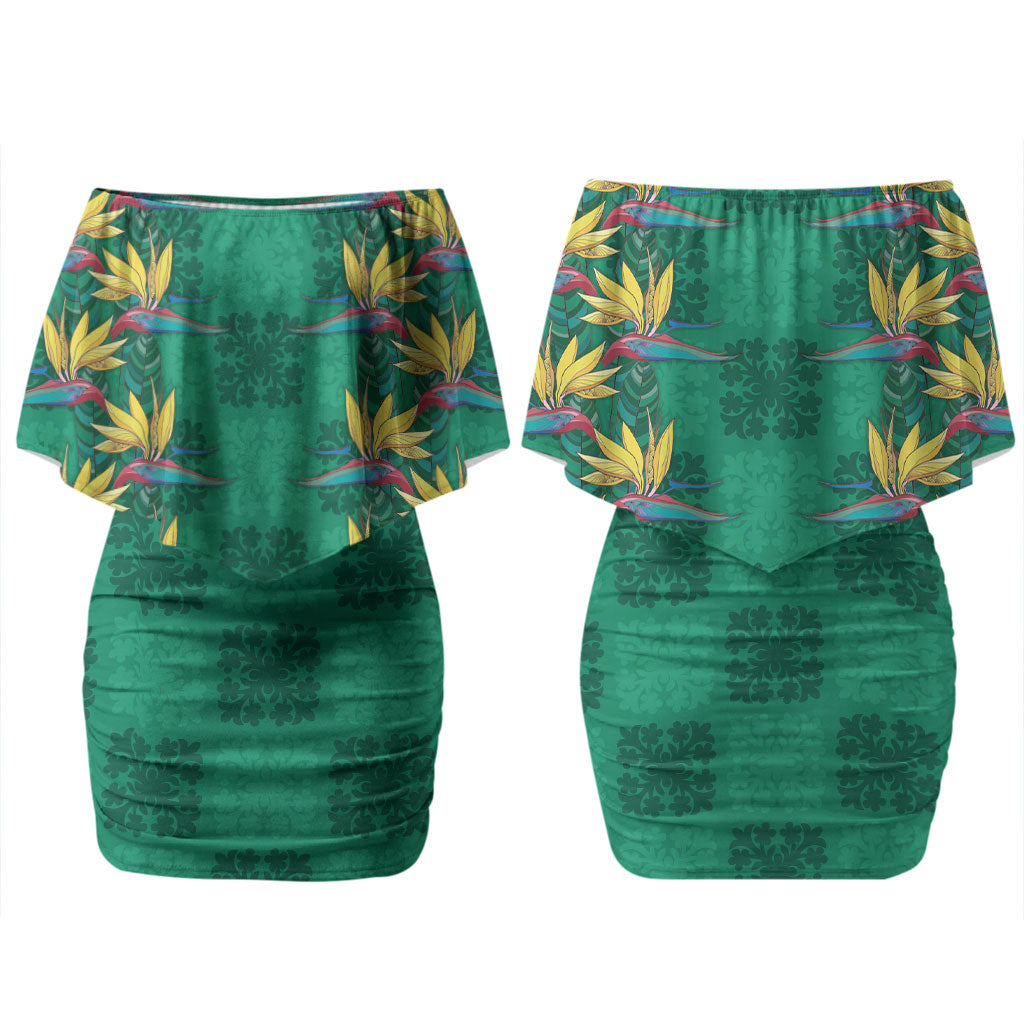 Hawaii Waikiki King Couples Matching Off Shoulder Short Dress and Hawaiian Shirt Green Quilt With Pua Manu LT05 - Polynesian Pride