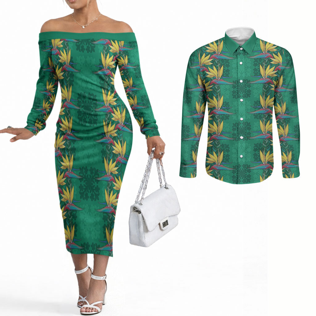 Hawaii Waikiki King Couples Matching Off The Shoulder Long Sleeve Dress and Long Sleeve Button Shirt Green Quilt With Pua Manu LT05 Green - Polynesian Pride