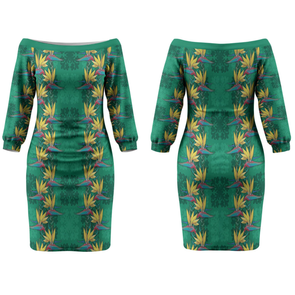 Hawaii Waikiki King Couples Matching Off The Shoulder Long Sleeve Dress and Long Sleeve Button Shirt Green Quilt With Pua Manu LT05 - Polynesian Pride