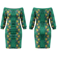 Hawaii Waikiki King Couples Matching Off The Shoulder Long Sleeve Dress and Long Sleeve Button Shirt Green Quilt With Pua Manu LT05 - Polynesian Pride