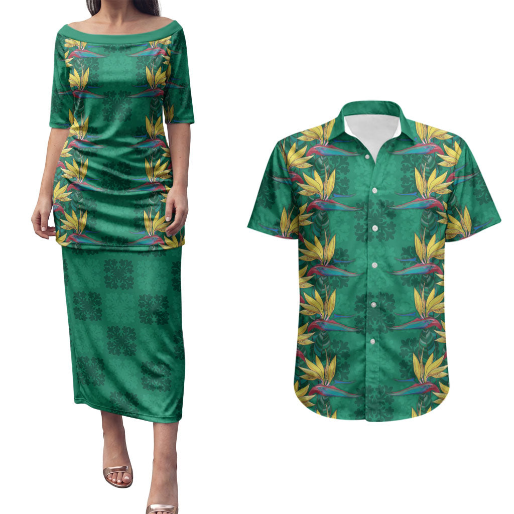 Hawaii Waikiki King Couples Matching Puletasi and Hawaiian Shirt Green Quilt With Pua Manu LT05 Green - Polynesian Pride