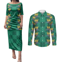 Hawaii Waikiki King Couples Matching Puletasi and Long Sleeve Button Shirt Green Quilt With Pua Manu LT05 Green - Polynesian Pride