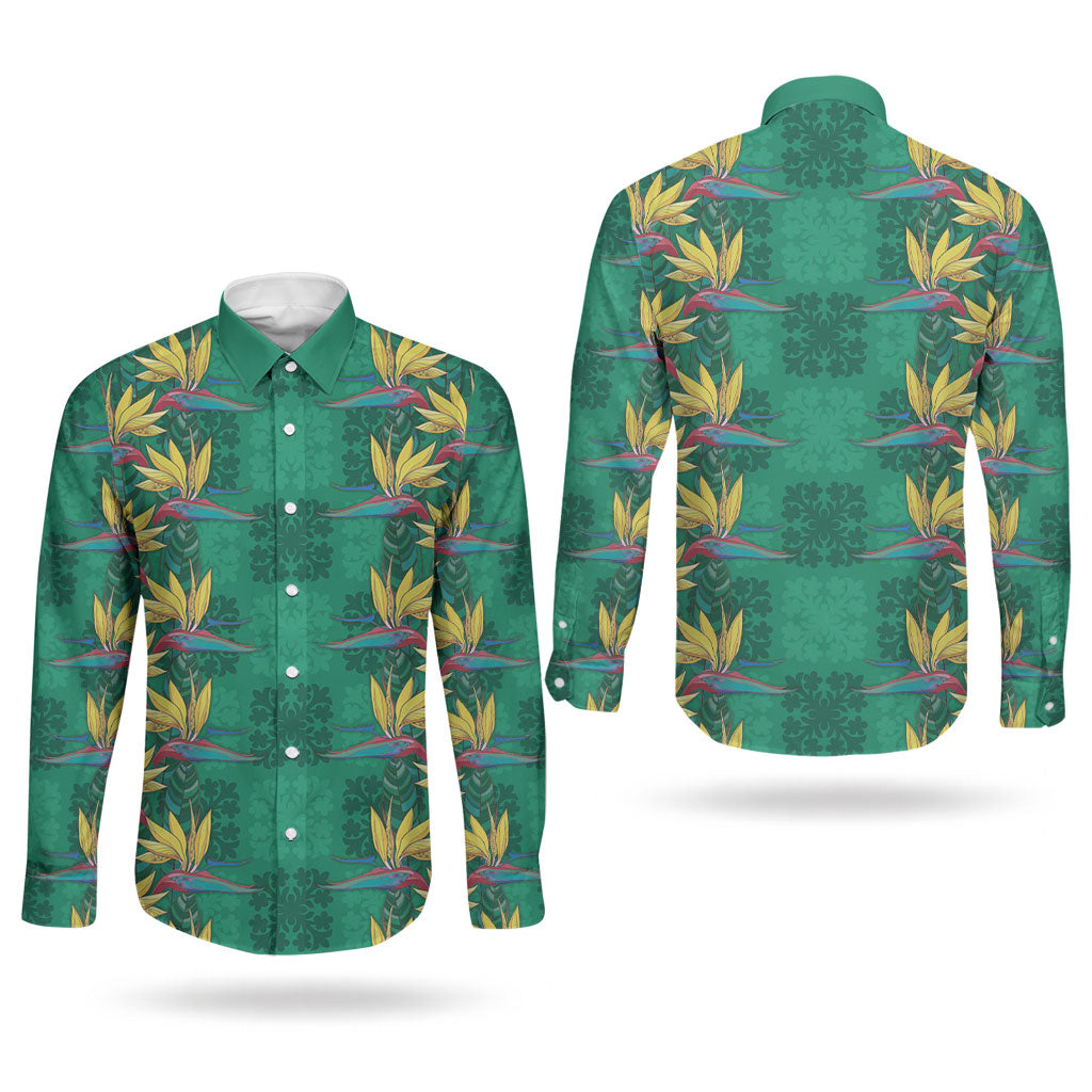 Hawaii Waikiki King Couples Matching Puletasi and Long Sleeve Button Shirt Green Quilt With Pua Manu LT05 - Polynesian Pride