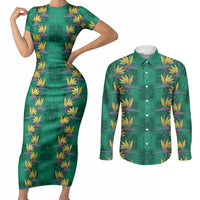 Hawaii Waikiki King Couples Matching Short Sleeve Bodycon Dress and Long Sleeve Button Shirt Green Quilt With Pua Manu LT05 Green - Polynesian Pride
