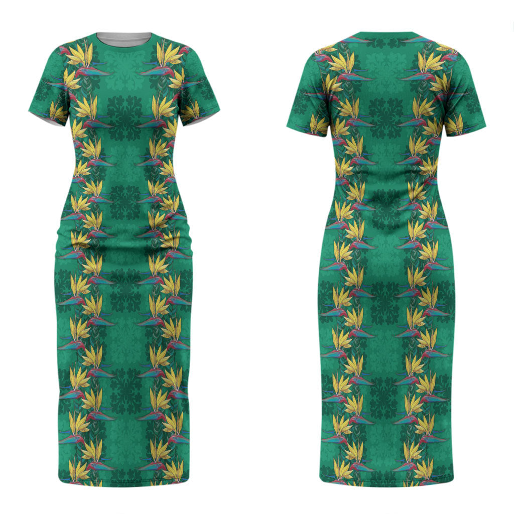 Hawaii Waikiki King Couples Matching Short Sleeve Bodycon Dress and Long Sleeve Button Shirt Green Quilt With Pua Manu LT05 - Polynesian Pride