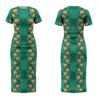 Hawaii Waikiki King Couples Matching Short Sleeve Bodycon Dress and Long Sleeve Button Shirt Green Quilt With Pua Manu LT05 - Polynesian Pride