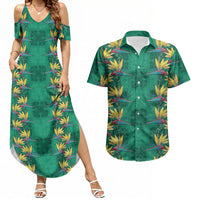 Hawaii Waikiki King Couples Matching Summer Maxi Dress and Hawaiian Shirt Green Quilt With Pua Manu LT05 Green - Polynesian Pride