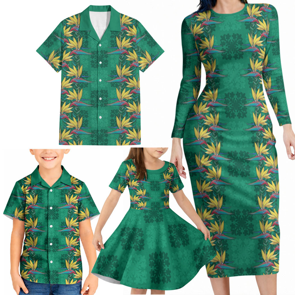 Hawaii Waikiki King Family Matching Long Sleeve Bodycon Dress and Hawaiian Shirt Green Quilt With Pua Manu LT05 - Polynesian Pride