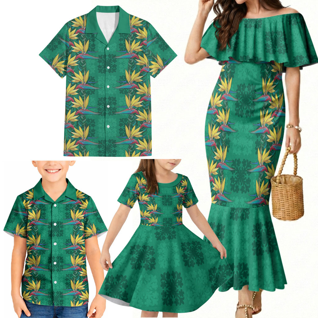 Hawaii Waikiki King Family Matching Mermaid Dress and Hawaiian Shirt Green Quilt With Pua Manu LT05 - Polynesian Pride