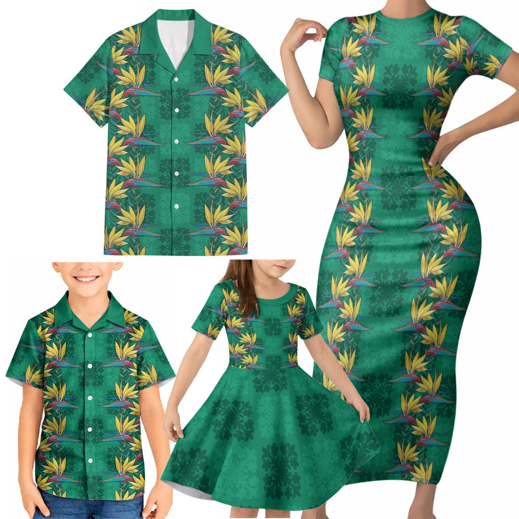 Hawaii Waikiki King Family Matching Short Sleeve Bodycon Dress and Hawaiian Shirt Green Quilt With Pua Manu LT05 - Polynesian Pride