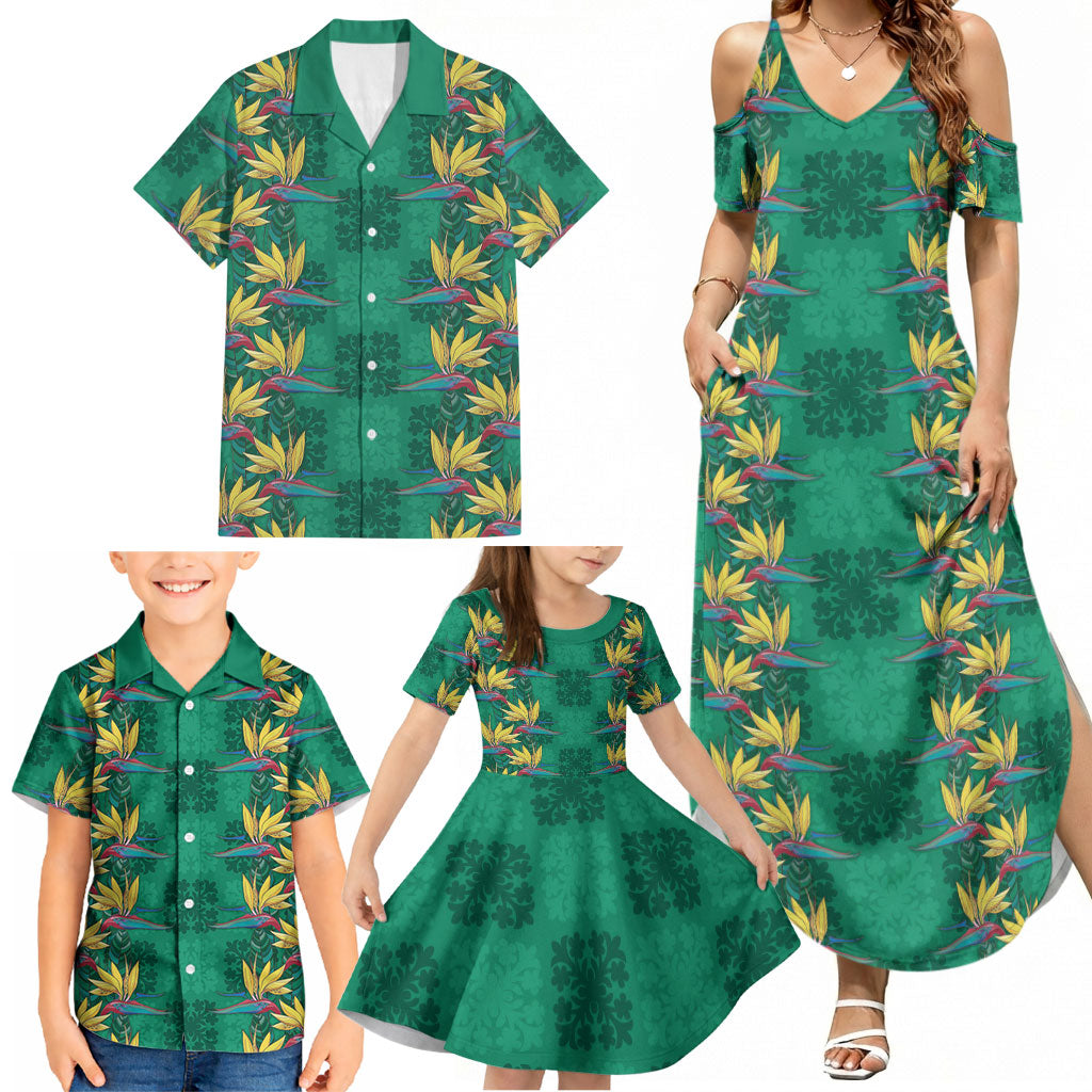 Hawaii Waikiki King Family Matching Summer Maxi Dress and Hawaiian Shirt Green Quilt With Pua Manu LT05 - Polynesian Pride