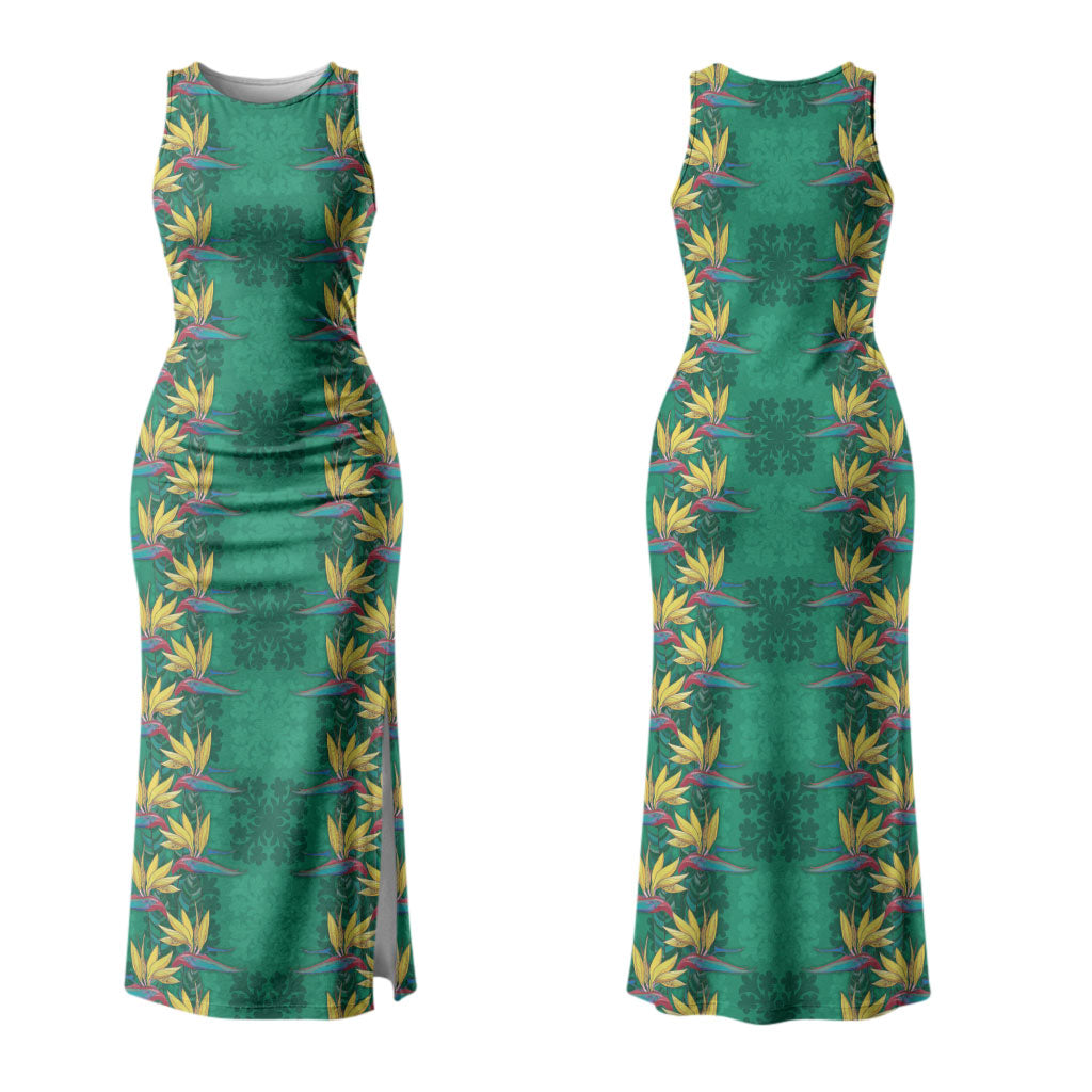 Hawaii Waikiki King Family Matching Tank Maxi Dress and Hawaiian Shirt Green Quilt With Pua Manu LT05 Mom's Dress Green - Polynesian Pride