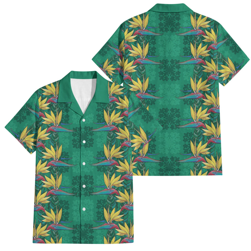 Hawaii Waikiki King Family Matching Tank Maxi Dress and Hawaiian Shirt Green Quilt With Pua Manu LT05 Dad's Shirt - Short Sleeve Green - Polynesian Pride