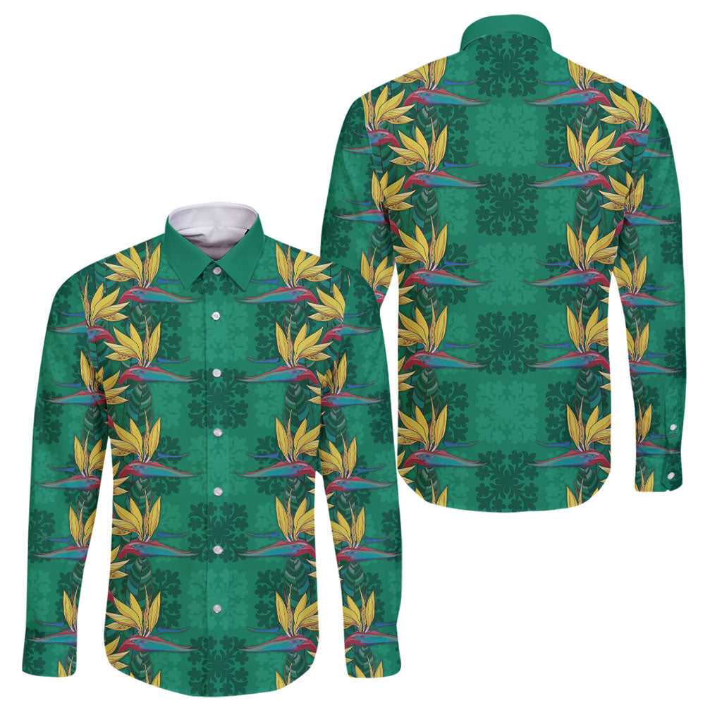 Hawaii Waikiki King Family Matching Tank Maxi Dress and Hawaiian Shirt Green Quilt With Pua Manu LT05 Dad's Shirt - Long Sleeve Green - Polynesian Pride