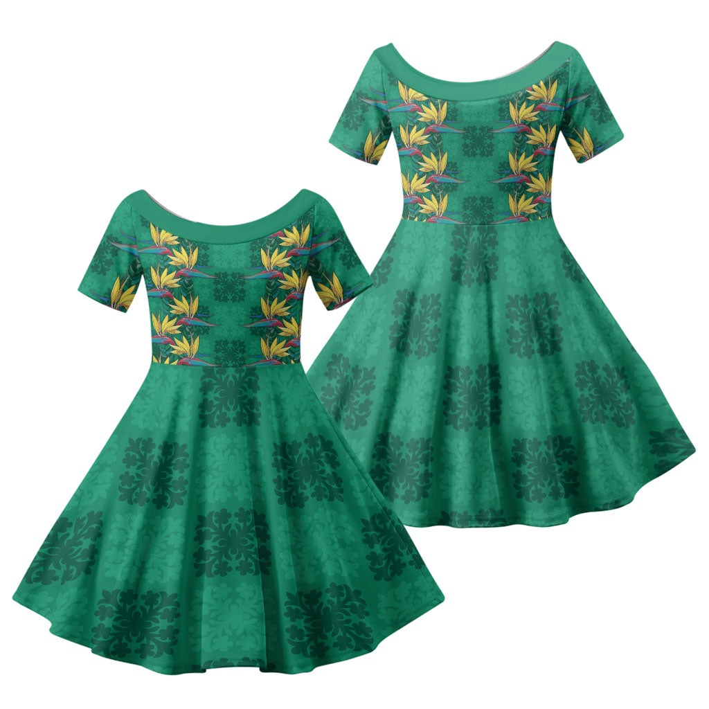 Hawaii Waikiki King Family Matching Tank Maxi Dress and Hawaiian Shirt Green Quilt With Pua Manu LT05 Daughter's Dress Green - Polynesian Pride