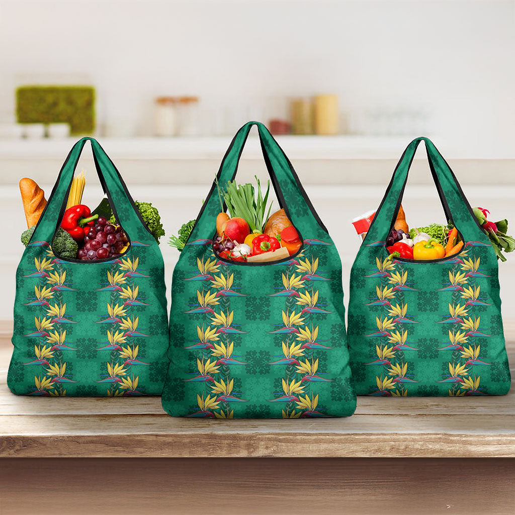 Hawaii Waikiki King Grocery Bag Green Quilt With Pua Manu LT05 3-pack One Size Green - Polynesian Pride