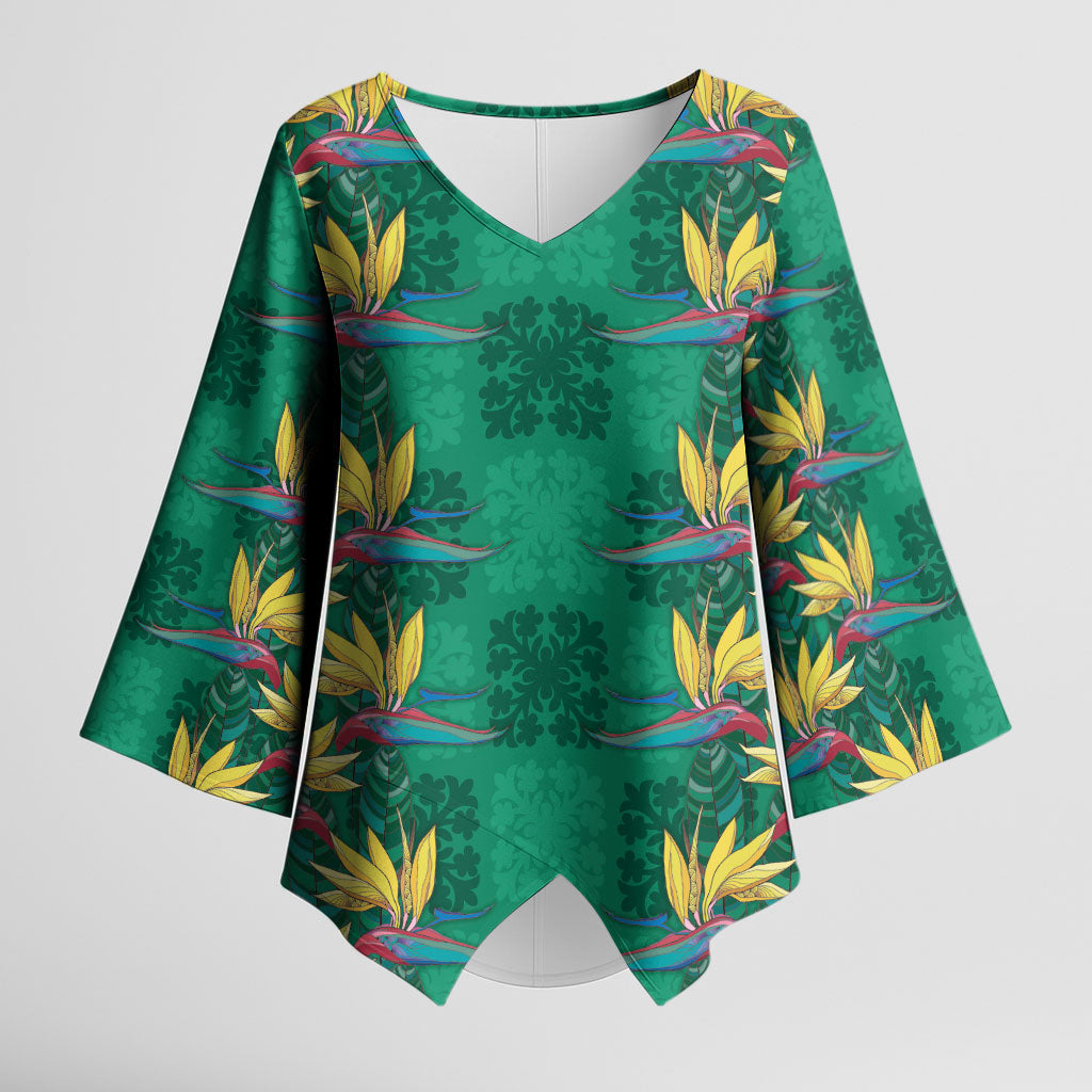 Hawaii Waikiki King Kimono Sleeve Blouse Green Quilt With Pua Manu LT05 Female Green - Polynesian Pride