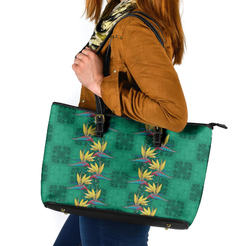 Hawaii Waikiki King Leather Tote Bag Green Quilt With Pua Manu LT05 Green - Polynesian Pride