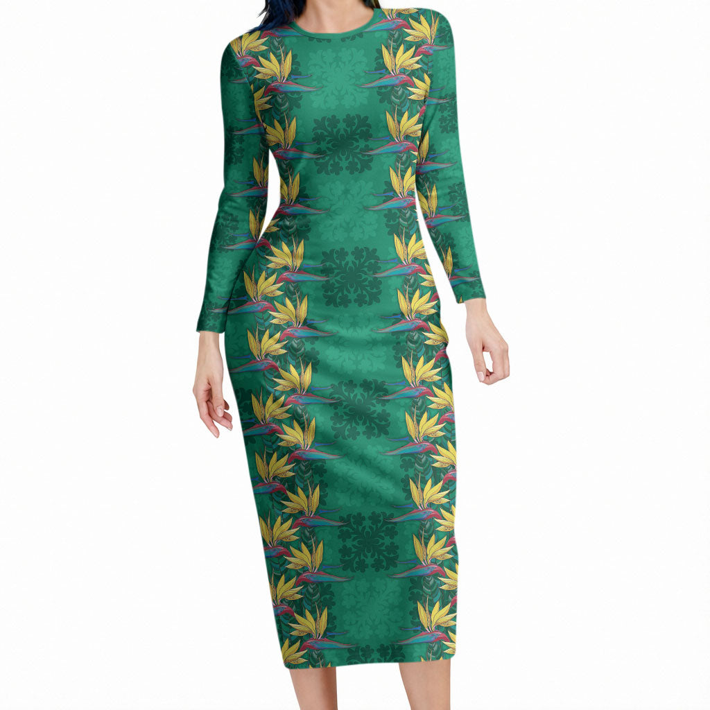 Hawaii Waikiki King Long Sleeve Bodycon Dress Green Quilt With Pua Manu LT05 Long Dress Green - Polynesian Pride