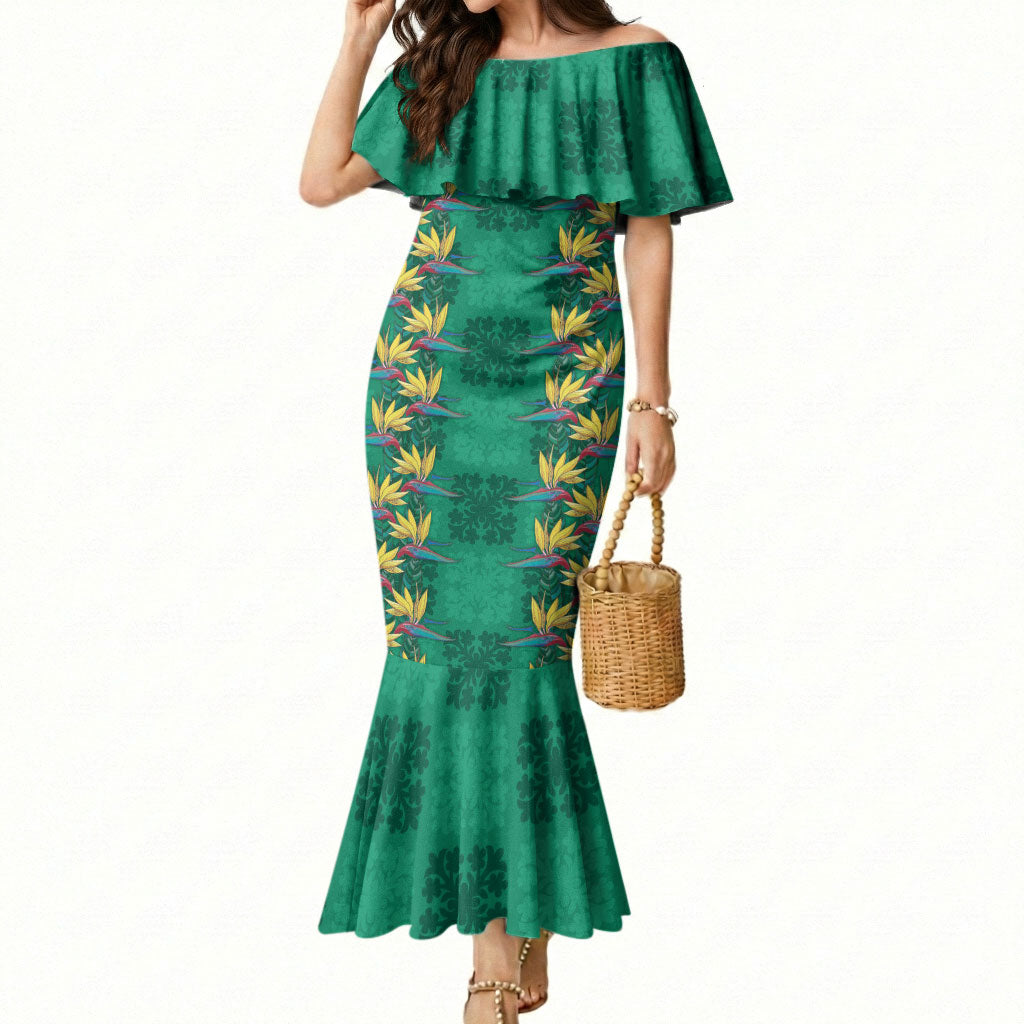 Hawaii Waikiki King Mermaid Dress Green Quilt With Pua Manu LT05 Women Green - Polynesian Pride