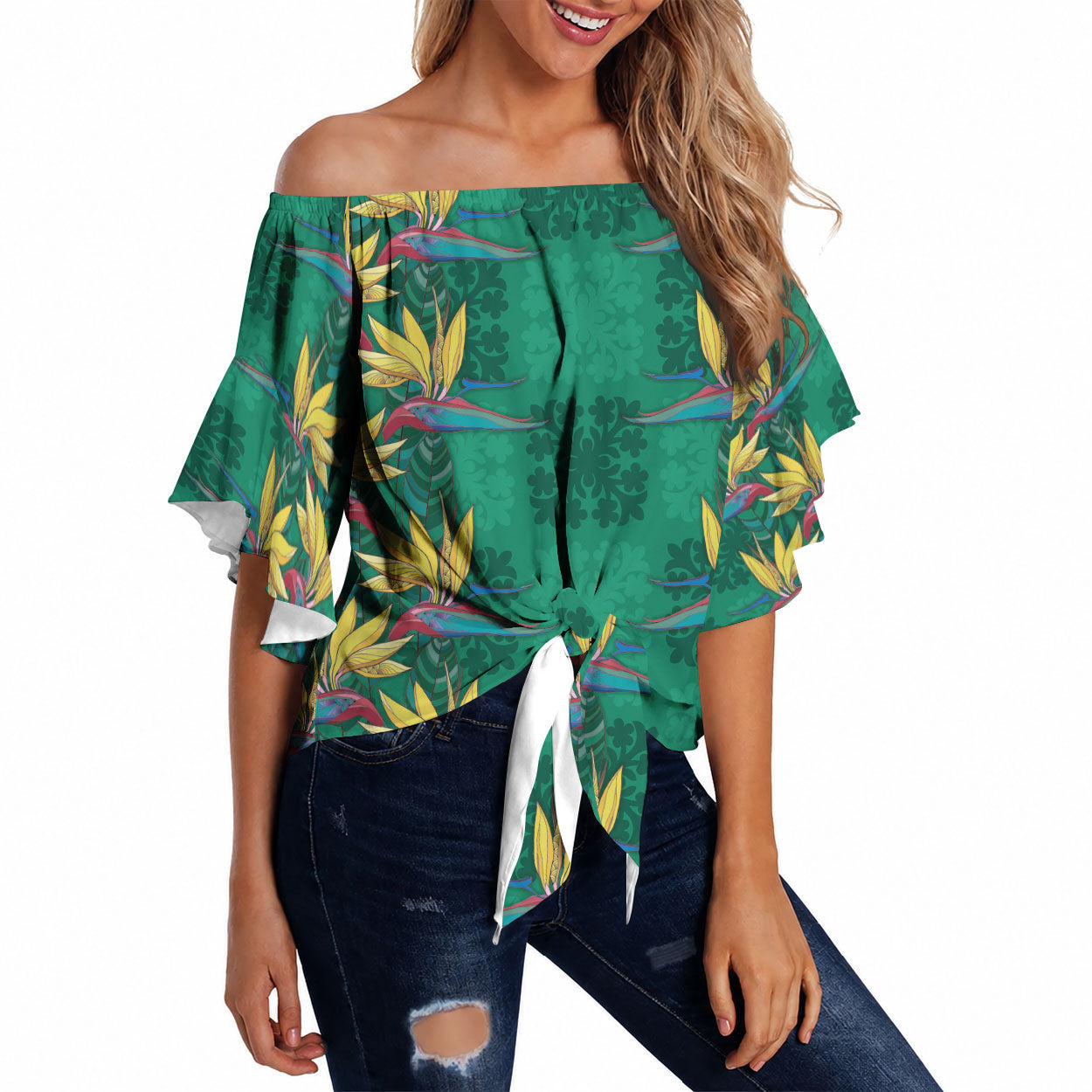 Hawaii Waikiki King Off Shoulder Wrap Waist Top Green Quilt With Pua Manu LT05 Green - Polynesian Pride