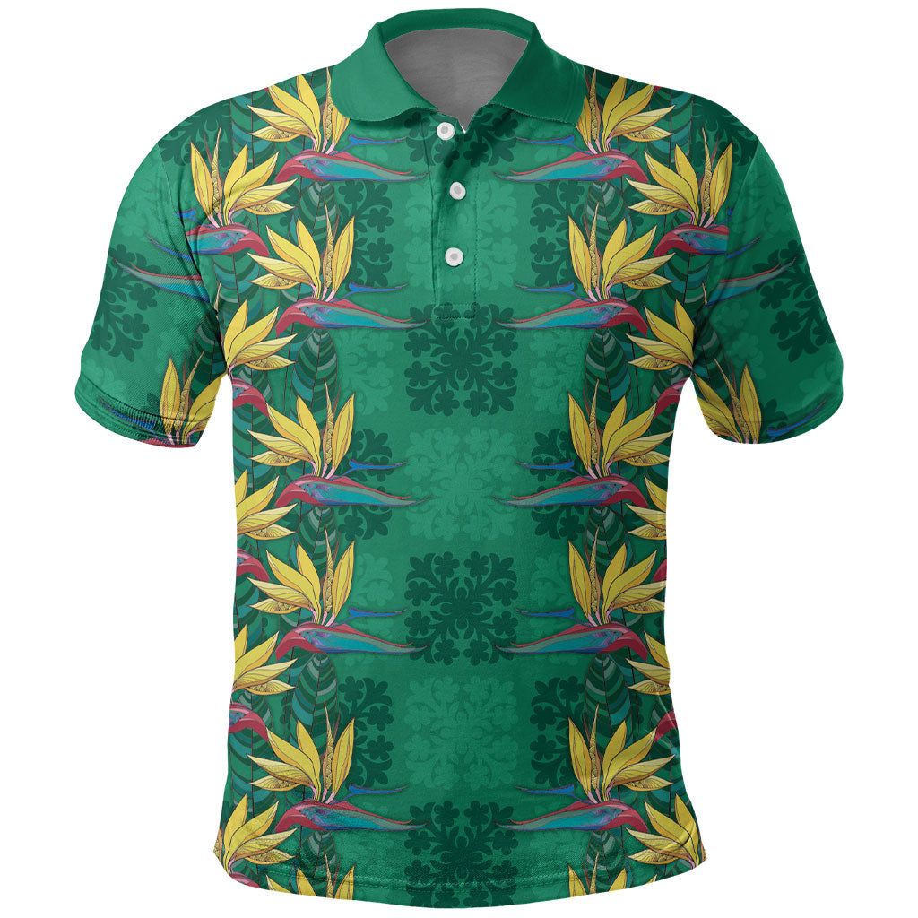 Hawaii Waikiki King Polo Shirt Green Quilt With Pua Manu LT05 Green - Polynesian Pride