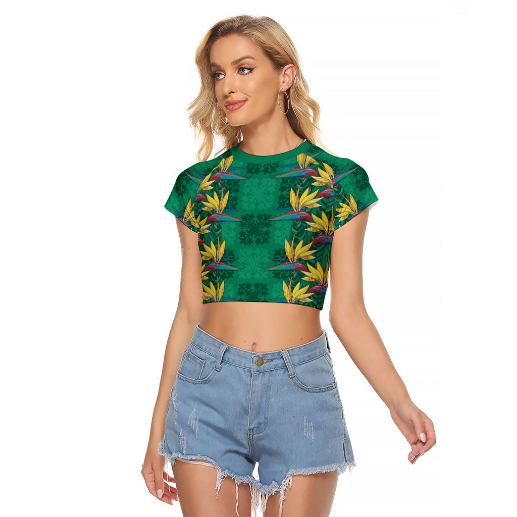 Hawaii Waikiki King Raglan Cropped T Shirt Green Quilt With Pua Manu LT05 Female Green - Polynesian Pride
