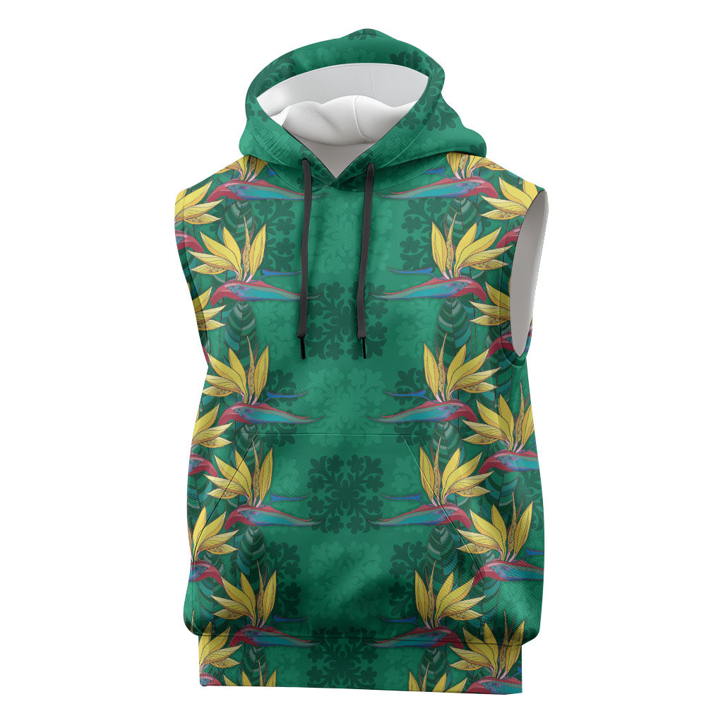 Hawaii Waikiki King Sleeveless Hoodie Green Quilt With Pua Manu LT05 Green - Polynesian Pride