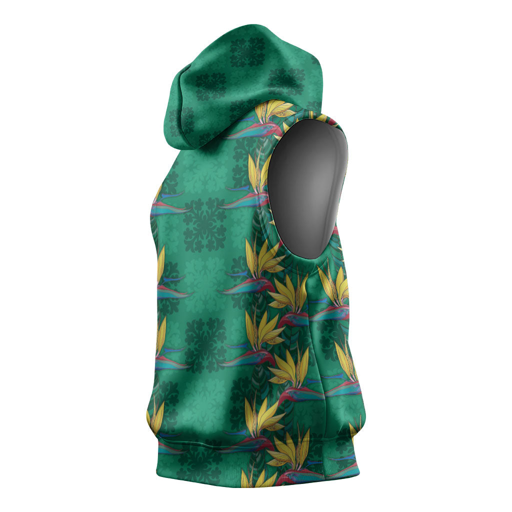 Hawaii Waikiki King Sleeveless Hoodie Green Quilt With Pua Manu LT05 - Polynesian Pride