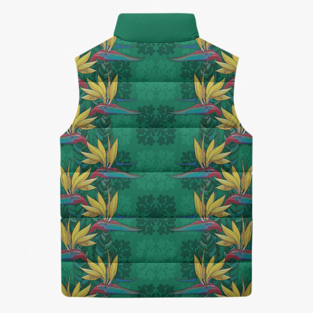 Hawaii Waikiki King Sleeveless Puffer Jacket Green Quilt With Pua Manu LT05 - Polynesian Pride