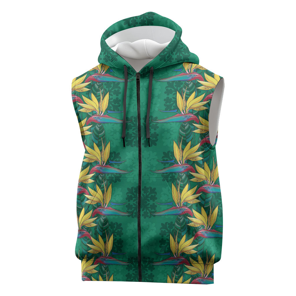 Hawaii Waikiki King Sleeveless Zip Hoodie Green Quilt With Pua Manu LT05 Green - Polynesian Pride