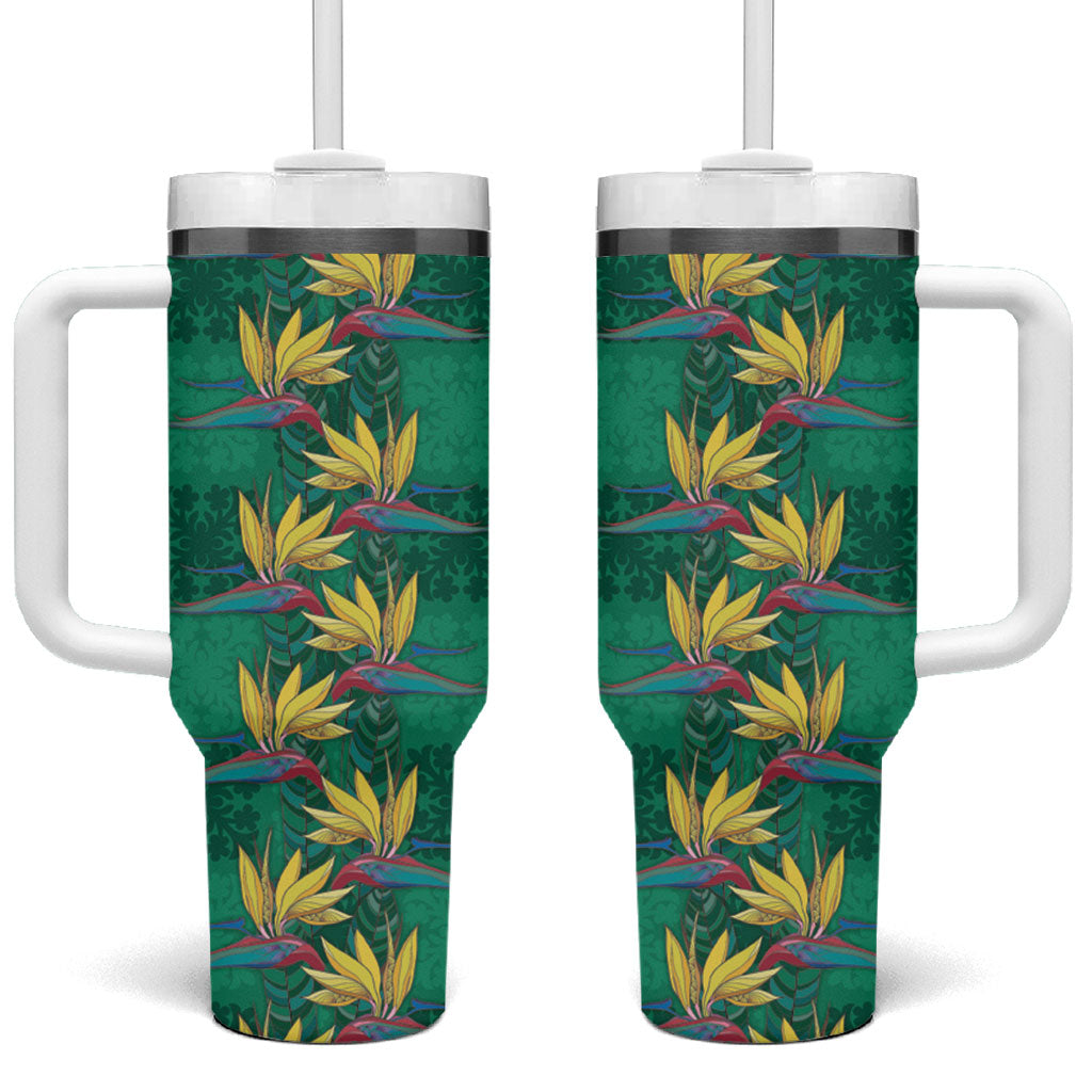 Hawaii Waikiki King Tumbler With Handle Green Quilt With Pua Manu LT05 One Size: 40 oz Green - Polynesian Pride