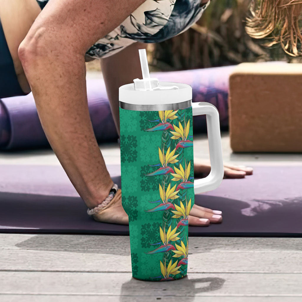 Hawaii Waikiki King Tumbler With Handle Green Quilt With Pua Manu LT05 - Polynesian Pride