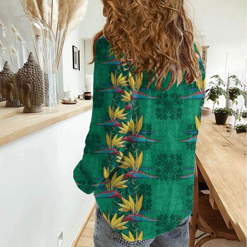 Hawaii Waikiki King Women Casual Shirt Green Quilt With Pua Manu LT05 - Polynesian Pride