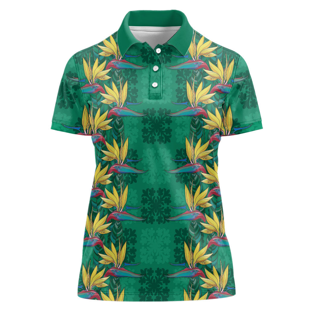 Hawaii Waikiki King Women Polo Shirt Green Quilt With Pua Manu LT05 Female Green - Polynesian Pride