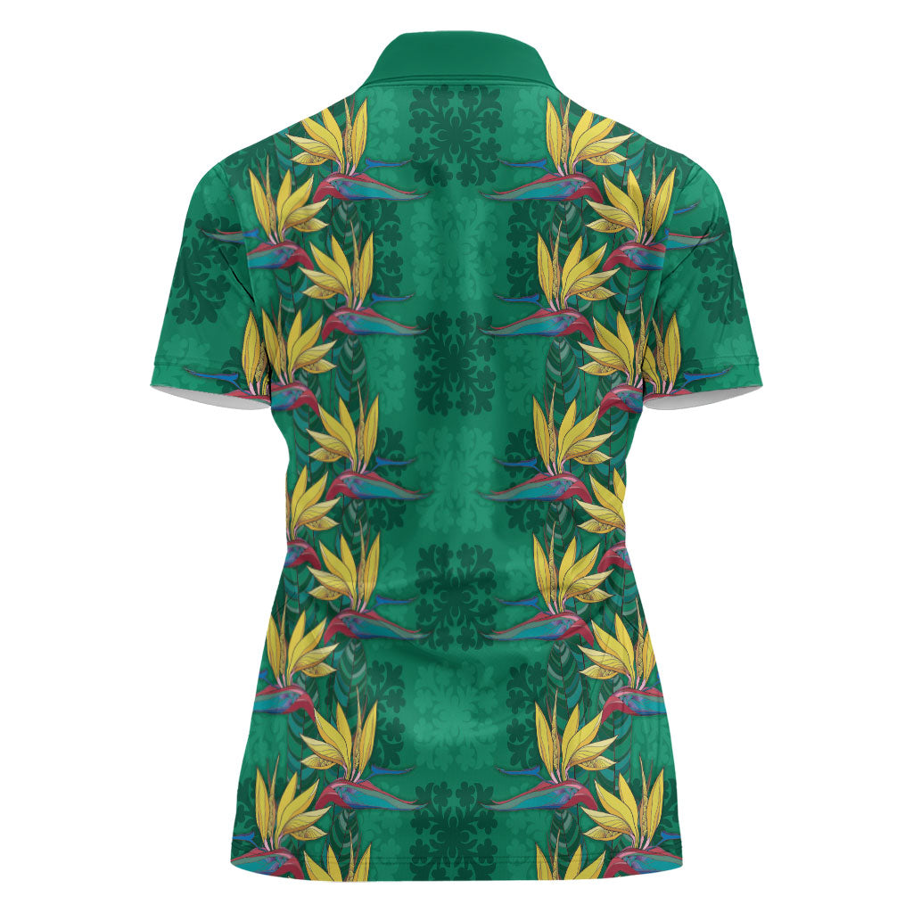 Hawaii Waikiki King Women Polo Shirt Green Quilt With Pua Manu LT05 - Polynesian Pride