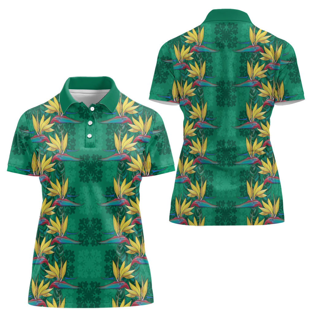 Hawaii Waikiki King Women Polo Shirt Green Quilt With Pua Manu LT05 - Polynesian Pride